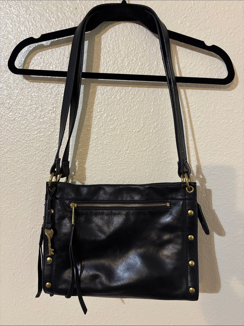Fossil Allie Satchel -Black Leather Shoulder Bag with Gold Hardware 11X9 inches